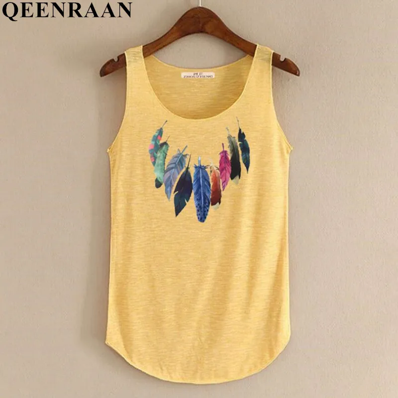 

Spring Summer New Tank Tops Women Sleeveless Round Neck Loose Tees 2018 Ladies Colored Feathers Printing T Shirt Vest Singlets