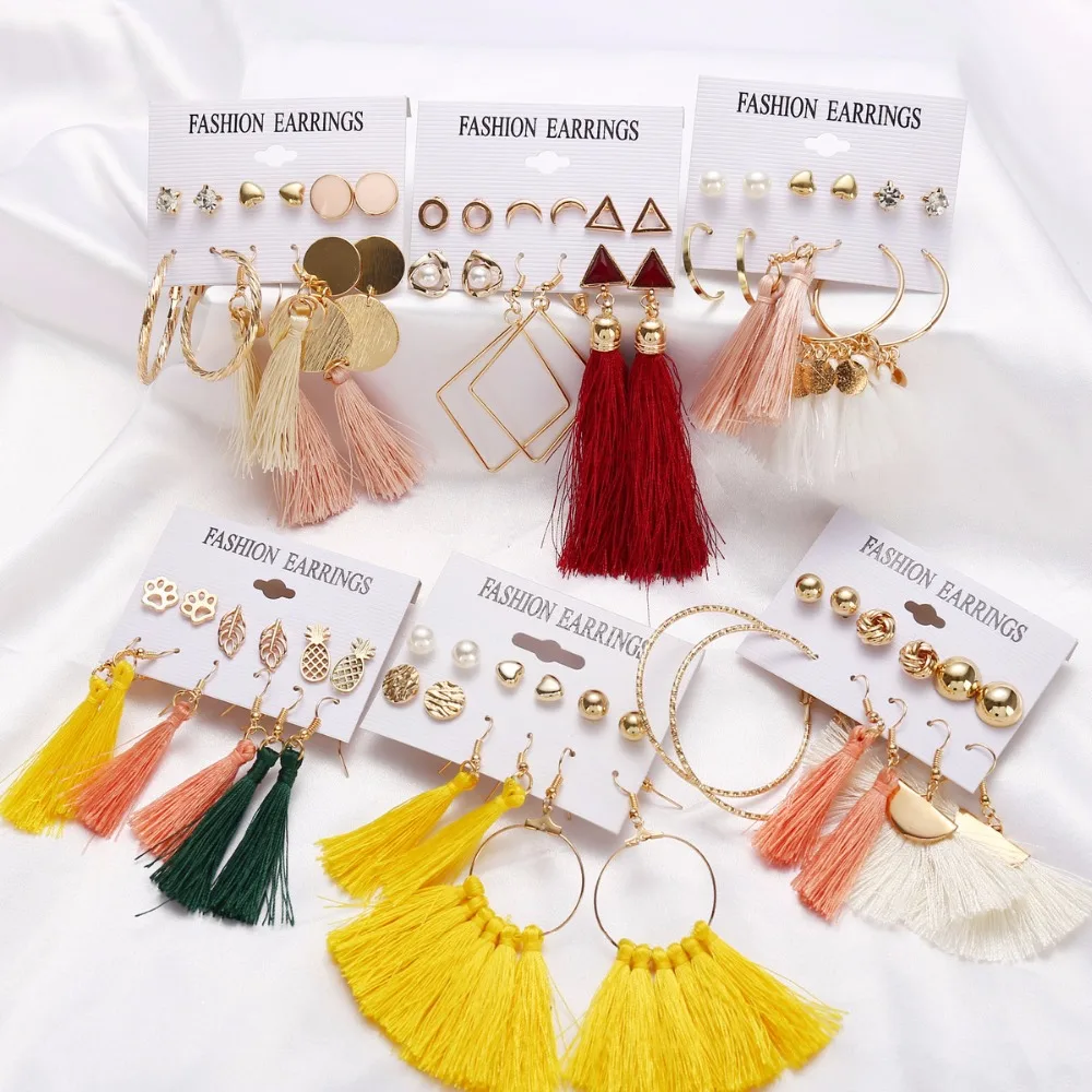 

9 Design Fashion Long Tassel Stud Earrings Set For Women Girl Boho Geometric Earring Christmas Brincos Female Jewelry Gift