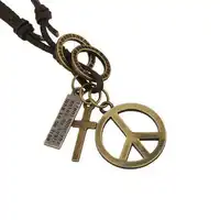 Antique Vintage Cross Dog Tag Hollow Peace Symbol Pendant Necklace Men Long Brown Leather Necklace Cord Men Jewelry Accessories
