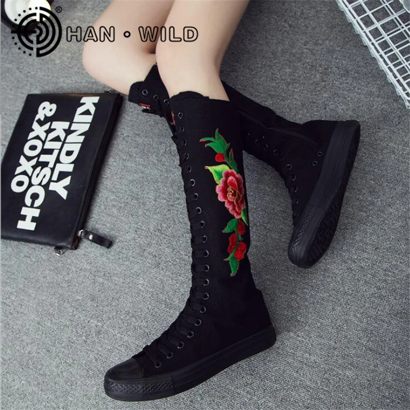 

Flower Embroidery Ladies Long Canvas Boots Side Zipper Women Knee High Boots Spring Autumn Women Canvas Shoes Flat Sneakers