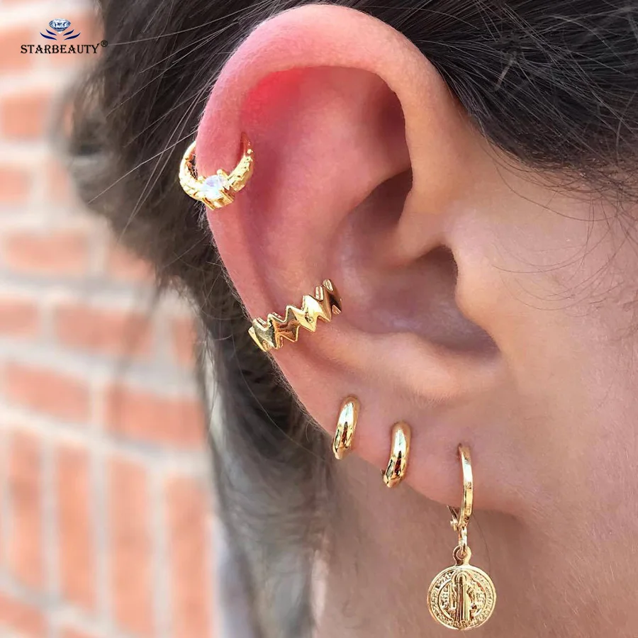 

5 pcs/lot Round Metal Ear Piercing Dangle Earrings Set Helix Piercing Tragus Gold Color Fake Earrings Fake Piercing Ear Jewelry
