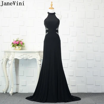 

JaneVini 2019 Sexy Black Satin Long Bridesmaid Dresses High Neck Sleeveless Illusion Mermaid Sweep Train Women Simple Prom Gowns