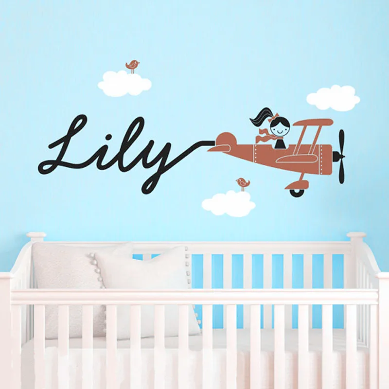 Baby Bedroom Wall Art Decor Airplane Clouds Birds And