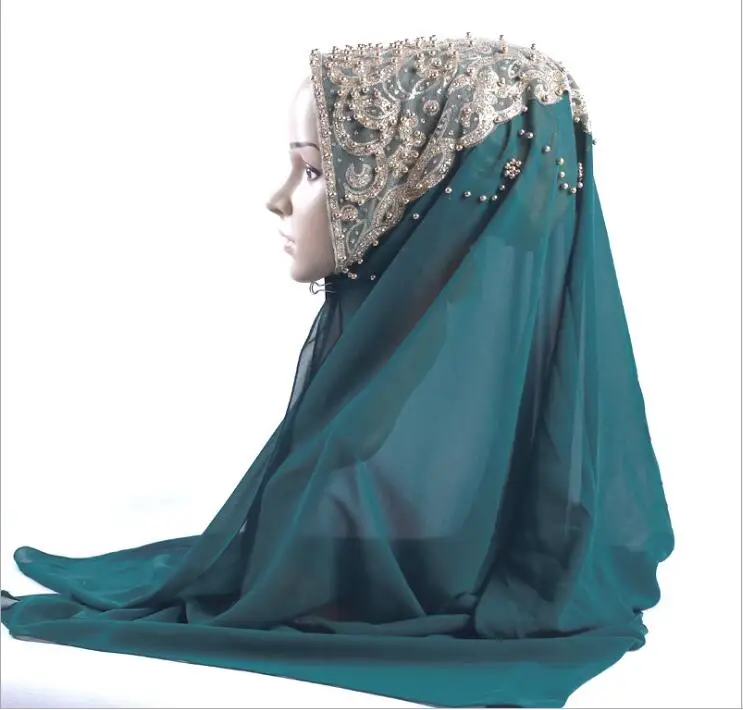 Новое поступление, шифоновый хиджаб премиум класса, шарф для мусульманских женщин, золотой жемчуг, блестящий исламский тюрбан, повязка на голову, блестящая шаль, 170*70 см