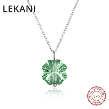 

LEKANI Crystals From Swarovski Lucky Green Clover Pendant Necklace For Women Girls Real S925 Silver Fine Collares Christmas Gift