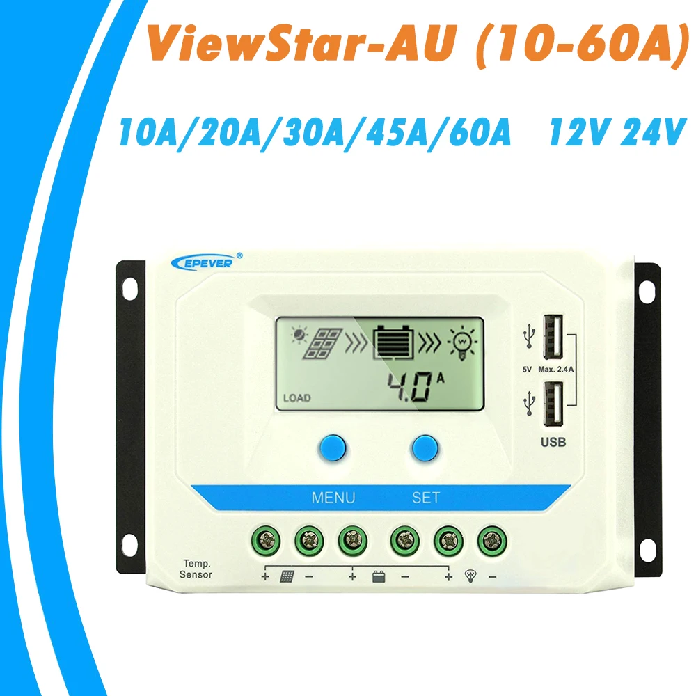 EPever 60A 45A 30A 20A 10A контроллер солнечного зарядного устройства 12 В 24 В автоматическая подсветка ЖК-Солнечная Панель Регулятор двойной USB видовая звезда-серия AU