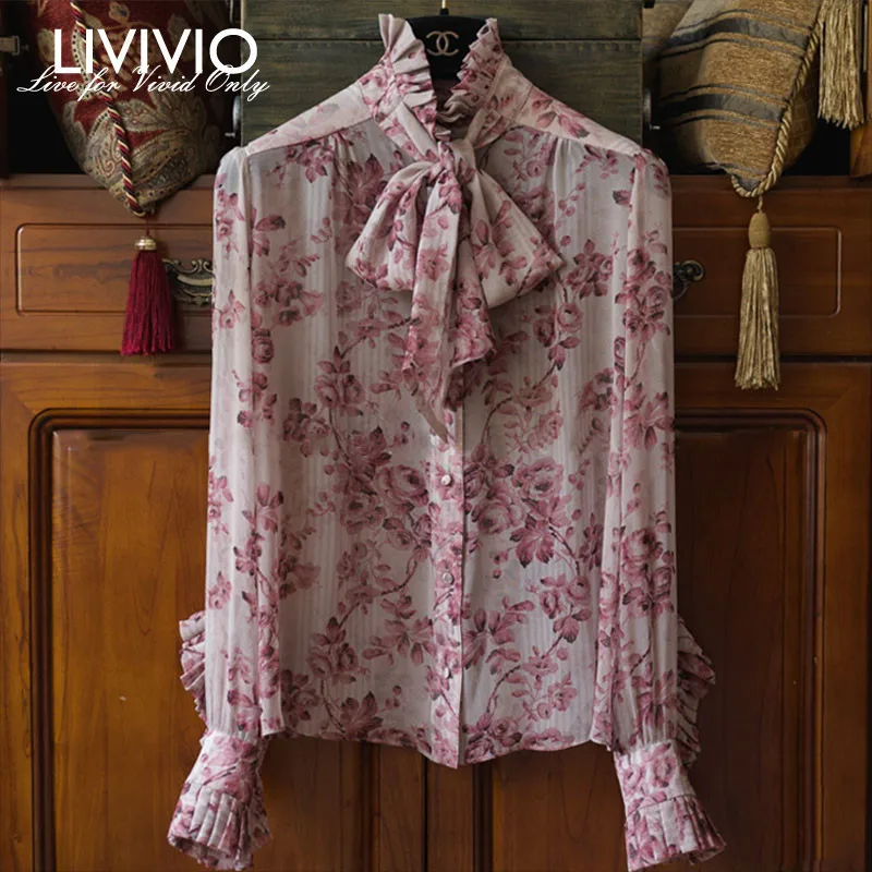 

[LIVIVIO] Chiffon Print Blouse Female Lantern Long Sleeve Turtleneck Lace Up Tops Women with Tank Spring 2019 Ruffle Shirts