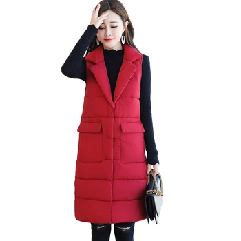 

2019 Autumn Winter Long Women Vest Slim Ladies Waistcoat Elegant Female Suit Collar Wadded Clothing Solid Cotton Coats CM643