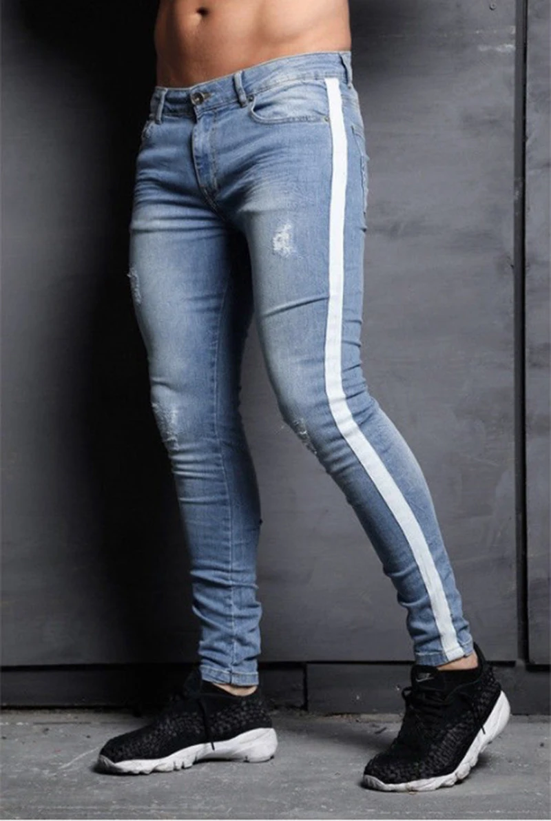 Men ripped hole denim Jeans Slim men's striped Jeans Hip hop Skinny pencil Jeans For Men high street stretch zipper jeans men