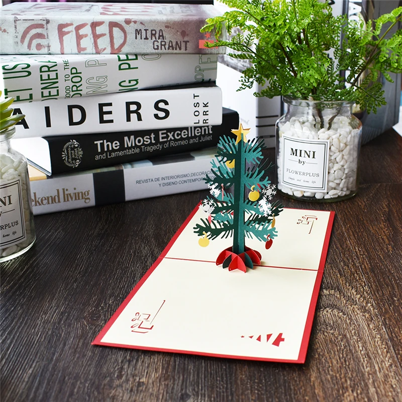 10 упаковок с рождественскими подарками дерево всплывающие карты Санта карта ручной работы с наклейки на конверте лазерная резка Новогодние поздравительные открытки