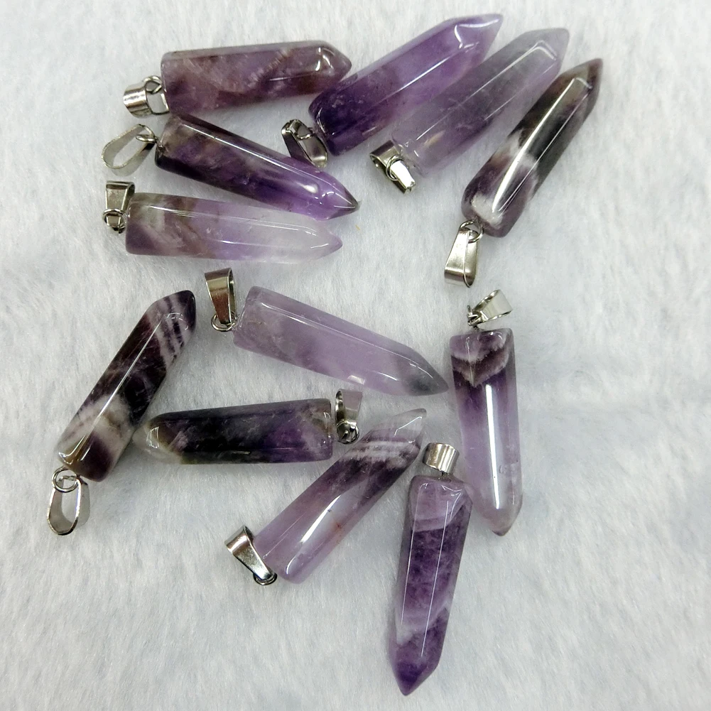 

Wholesale 24pcs/lot Bullet Shape Natural Amethysts Stone Healing Hexagonal Treat Reiki Point Pendant for Jewelry Free Shipping