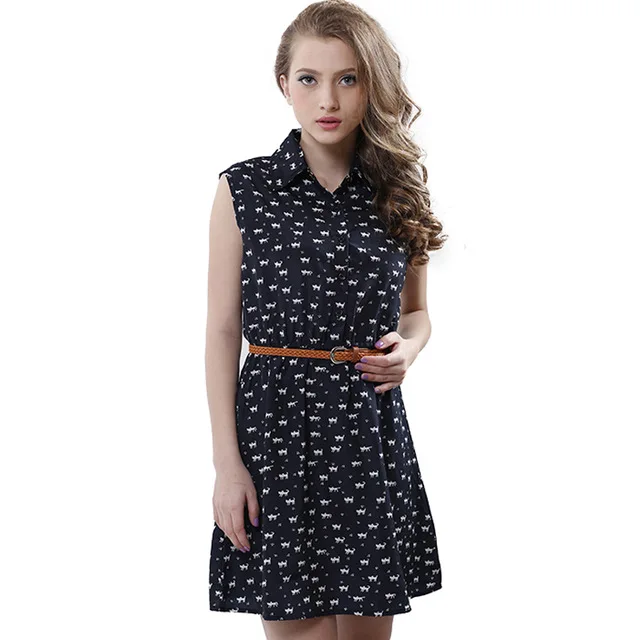 

2017 Latest Summer fashion new women shirts dress Cat footprints pattern Show thin Shirt dress casual dresses with Belt Fashion
