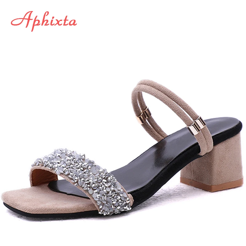 Aphixta Shoes Women Sandals Luxury Crystal Shoes Summer Open Toe Buckle Chunky Heels Rhinestone Slippers Silver Gold Large Size