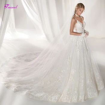 

Fsuzwel Sexy Sweetheart Neck Backless A-Line Wedding Dresses 2020 Luxury Spaghetti Straps Appliques Lace Bridal Gown Plus Size