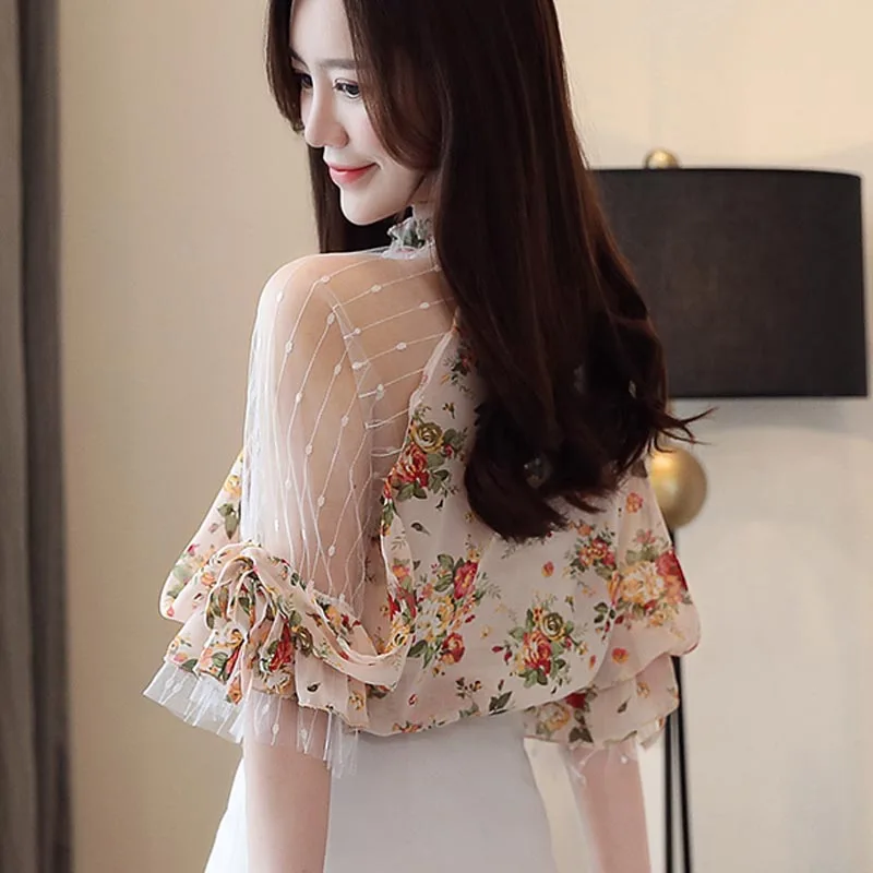 Women Sweet Sexy Shirts Summer New Lace Mesh Patchwork Chiffon Blouse Off Shoulder Bishop Sleeve Top Ladies Office Blouse Women Sweet Sexy Shirts Summer New Lace Mesh Patchwork Chiffon Blouse Off Shoulder Bishop Sleeve Top Ladies Office Blouse