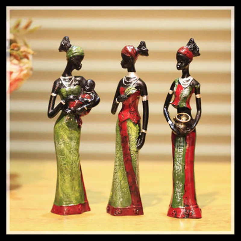 3pcs/set Green Exotic Tribal African Girl Resin Figurines Decorative