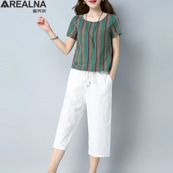 

Plus size Women Two Piece set Female Summer Casual Cotton Linen stripe Short Sleeve Tops + Pants Office 2 piece set Women suit