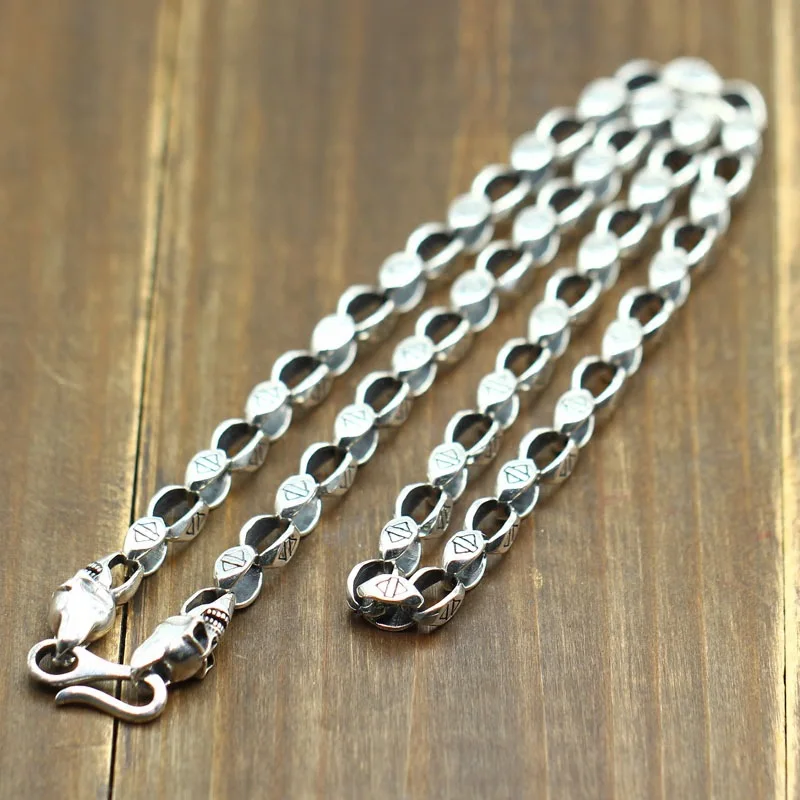 

S925 Sterling Silver Personality Retro Thai Silver Tide Harley Sweater Chain Carved Old Motorcycle Men's Pendant Skull Necklace