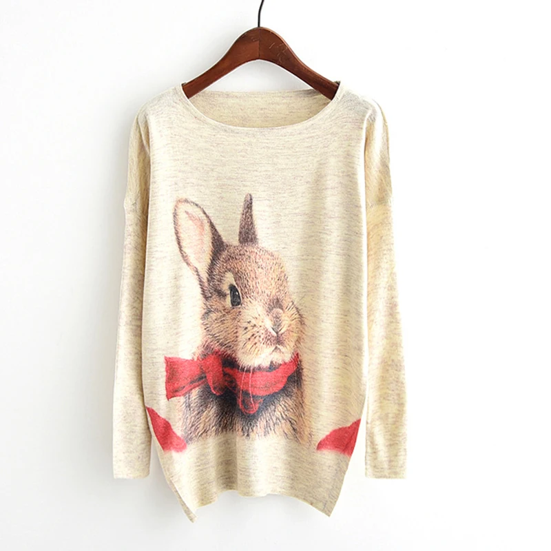 

2018 Hot Women Autumn Winter Long Batwing Sleeve Knitted Sweater Fashion Red Scarf Rabbit Print Loose Pullover Knitwear Tops