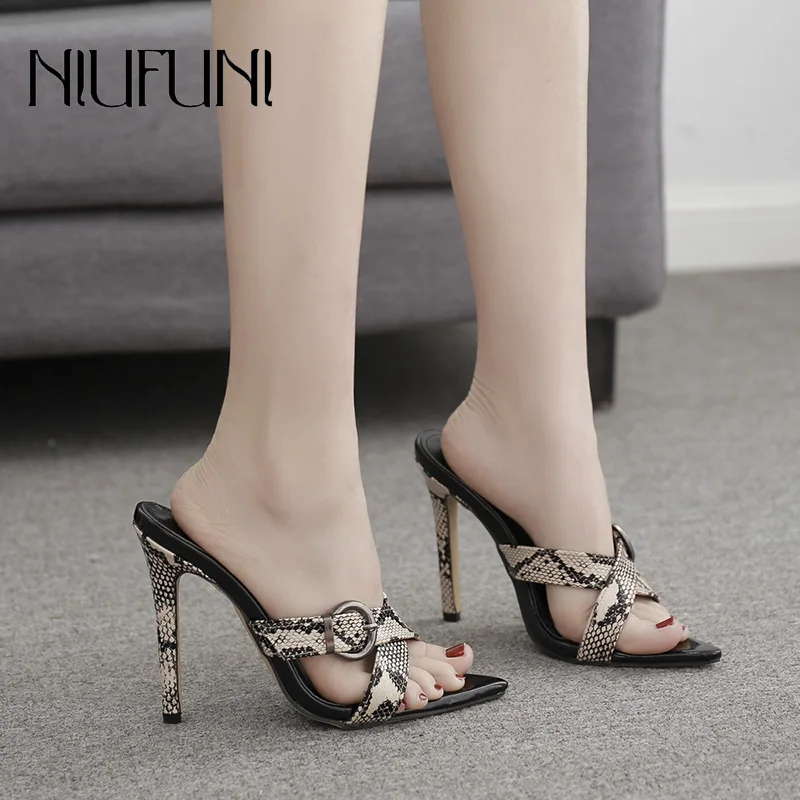 

Fashion Sexy Snake Pattern Leopard High Heels Women's Slippers 2020 Stiletto Ladies Sandals Metal Buckle Casual Shoes Woman