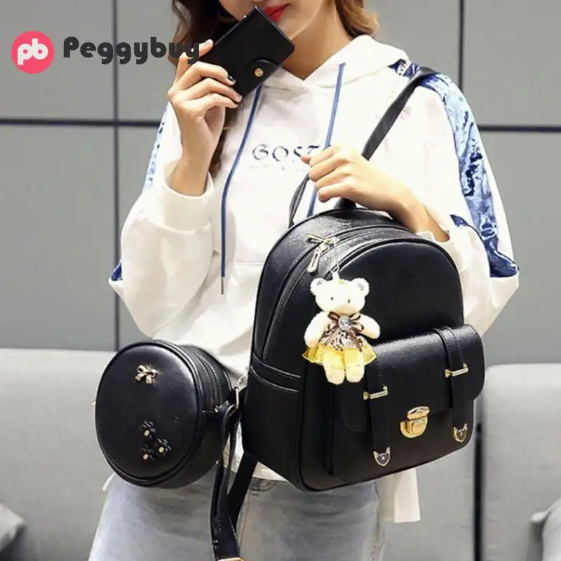 

3Pcs/set Fashion Backpacks with Purse and Bear Women PU Leather Back Pack Schoolbags for Teenager girls Bolsos mochilas feminina