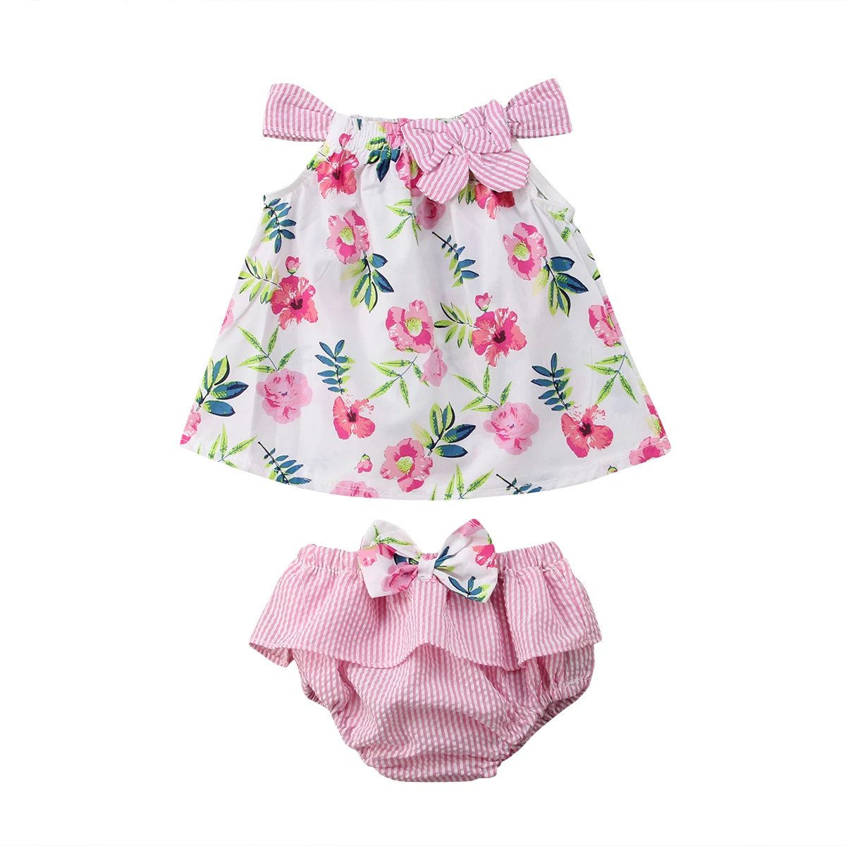 2pcs Set Cute Toddler Baby Kid Girls Summer Floral Bow Tops+Ruffles shorts 2PCS Outfits Sunsuit Clothes