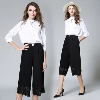 

A Outfit Women'S Spring New Hollow Out White Shirt Lace Black Wide-Legged Pants Suit European Fashion Design Quality Size S-XL