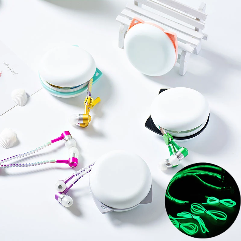 

Earphone Luminous Light Metal Zipper Headphone Earbuds Glow In The Dark Headset gift storage box For Iphone Samsung Xiaomi MP3