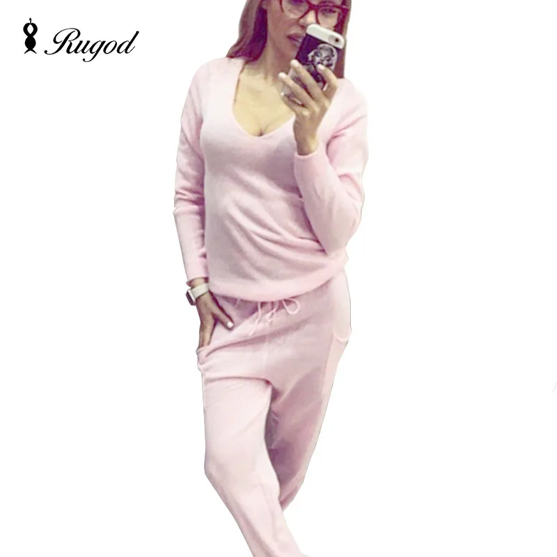 

2019 Hot 2 Pieces Set Women V-Neck Sexy Knitted two pieces sets Spring Suits Tracksuit Sweater top+ Pants Set Womens Casual Suit