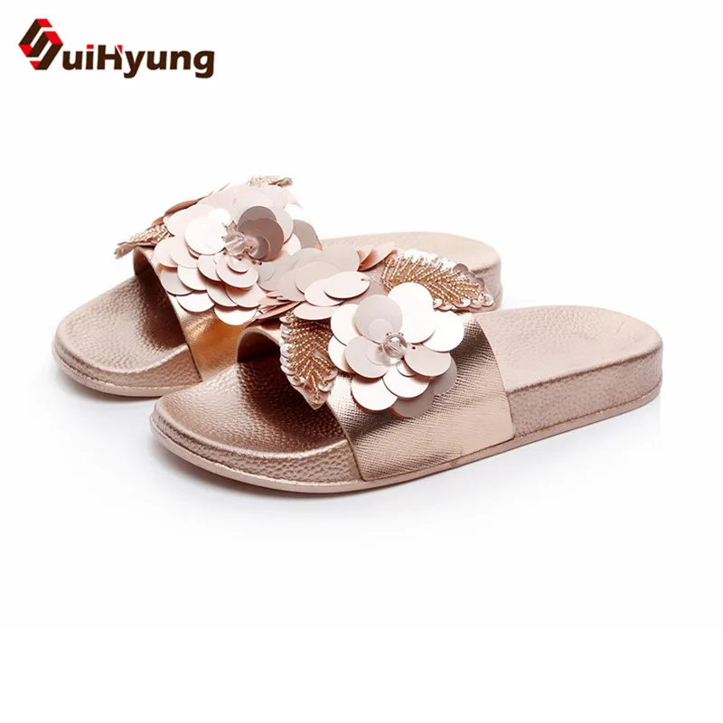 

Suihyung Fashion Design Women Summer Slippers Flat Shoes Sequined Beads Flowers Beach Flip Flops Female Sandals Outside Slides