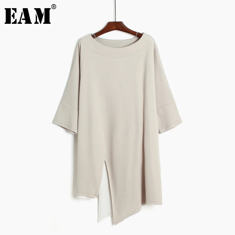 

[EAM] 2019 New Spring Summer Round Neck Short Sleeve Black Loose Large Size Hem Vent Irregular T-shirt Women Fashion Tide JL040