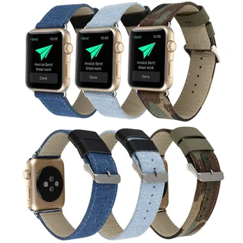 

For Apple Watch Band Series 1/2/3 Canvas Fabric Genuine Leather Watch Band for iWatch Denim Wristband 38mm 42mm Jean Strap