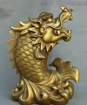 

11" Chinese Folk Myth Pure Brass Auspicious Dragon Fish Beast Feng Shui Statue