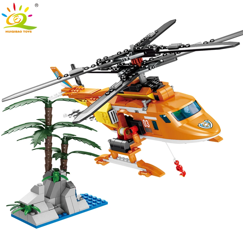 

HUIQIBAO Toys 395pcs Rescue Helicopter Building Blocks For Children compatible legoingly City Coast Guard Airplane Set DIY Brick