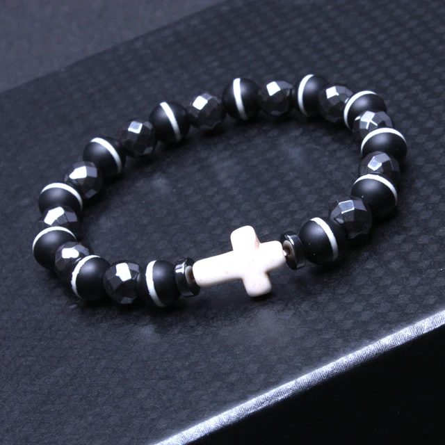 Unique Mens Bracelet Hematite and Black onyx Bead Cross Bracelet