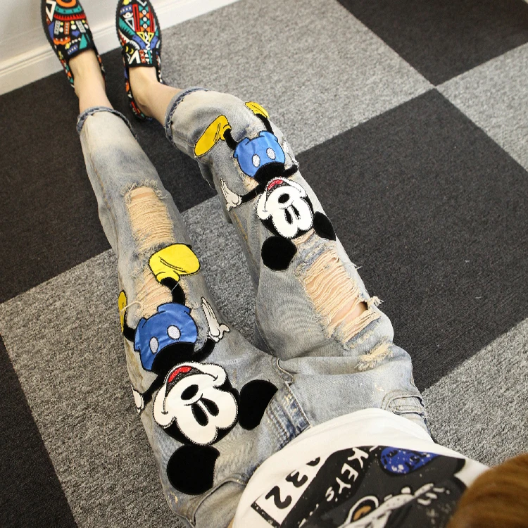 

2019 Women's Jeans Summer Ladies 7 Point Holes Mickey Sequin Loose Small Feet Baggy Pants Girl Student Fashion Harem Denim Pants