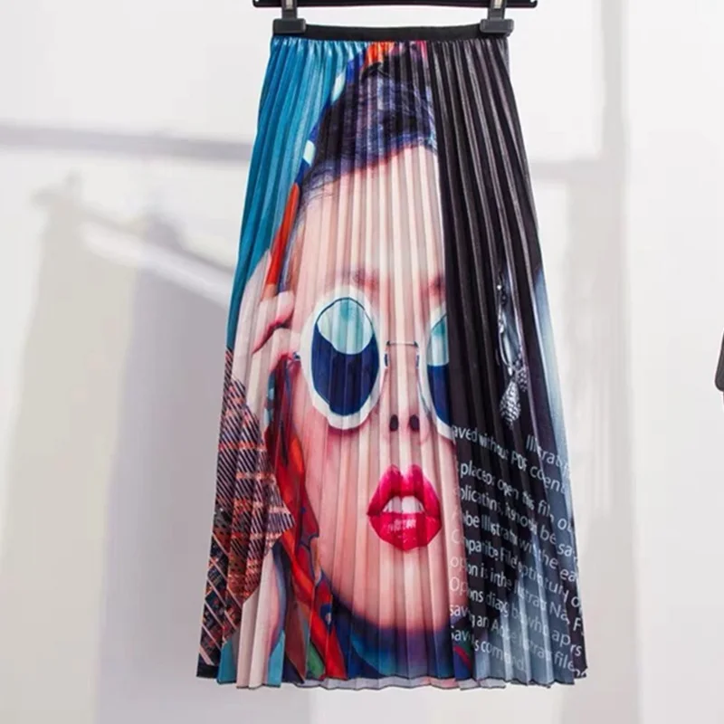 High Waist Pleated Character Print Women s Skirt Long Patchwork Pattern High Street Skirts 2019 Summer Fashion Clothes Female