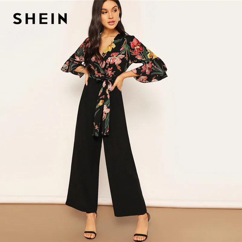 

SHEIN Lady Elegant Floral Print Wrap Bodice Wide Leg Jumpsuit Spring Deep V Neck Knot Hem Flounce Sleeve Workwear Jumpsuits