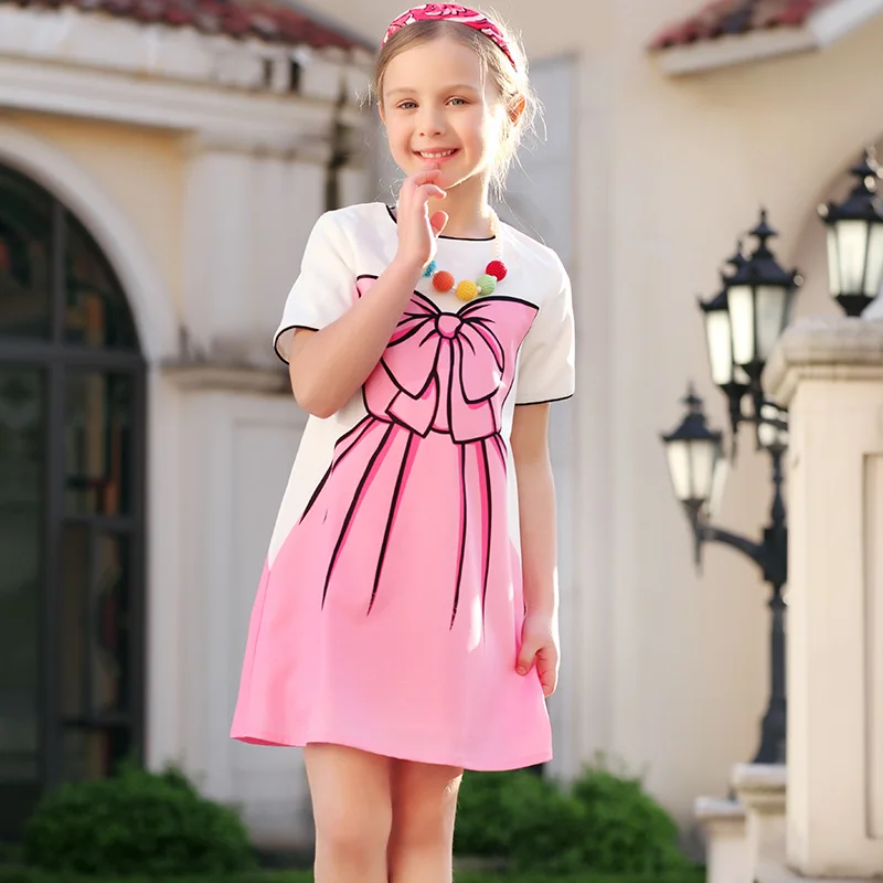 Beenira/платье с короткими рукавами для девочек От 4 до 14 лет в европейском и американском стиле новинка года, летнее стильное детское розовое праздничное платье большой бант с принтом