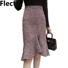 Flectit осенне-зимняя женская твидовая юбка миди, винтажная плиссированная юбка-карандаш с высокой талией длиной до колена, Толстая теплая клетчатая юбка-карандаш с оборками