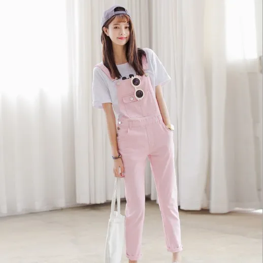 Black White Pink Green Candy Color Women Jumpsuit Slim Moveable Strap Rompers Casual Denim Overalls Big Pockets Jeans Pants