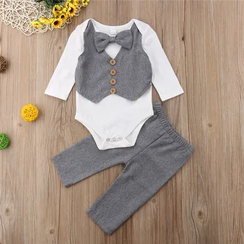 

Gentleman Long Sleeve Bodysuit Bow Boys Wedding Party Suit top Tie Pants Boys Outfits 2PCs Baby Boy Clothes Set Kids Autumn