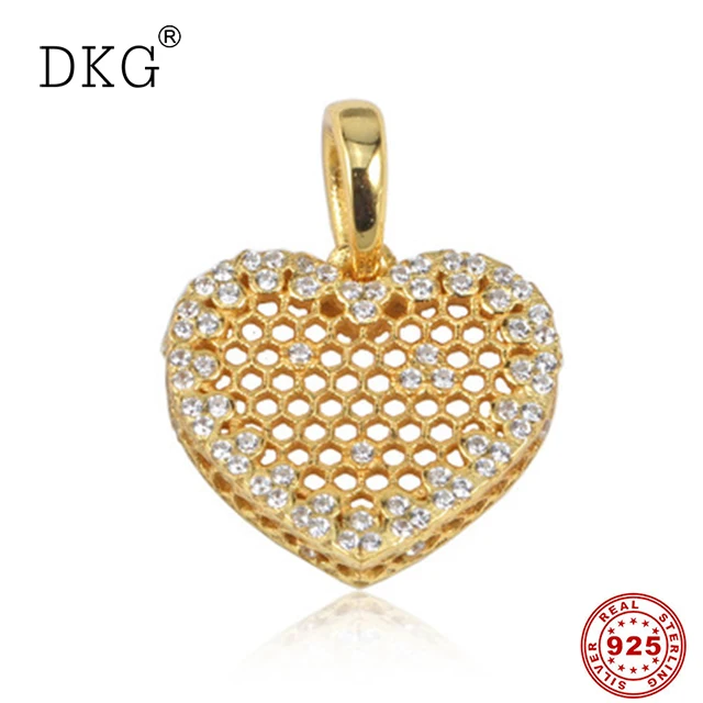 

Genuine 925 Sterling Silver Fashion Gold Crystal Honeycomb Lace Pendant Beads Fit for Women DKG Charm Bracelet DIY Jewelry