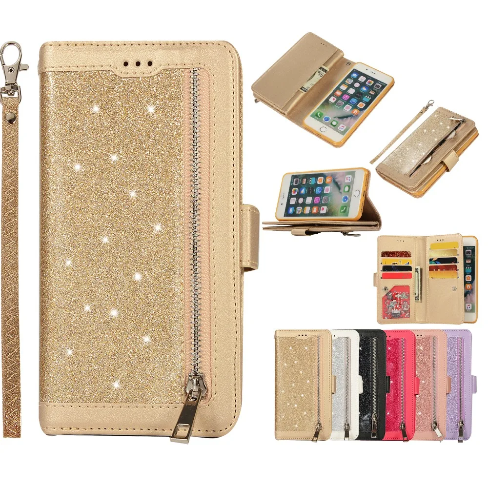 

Daxing Glitter Zipper Wallet Case For iPhone 7 8 6 6s Plus Card Slot Leather Cover For iPhone X Xr Xs Max Phone bag cases