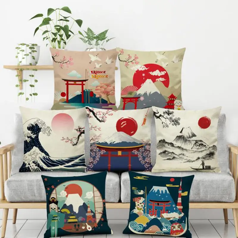 

japanese style cushion cover vintage ukiyoe yamato sofa chair chaise throw pillow case red sun mountain funda cojin