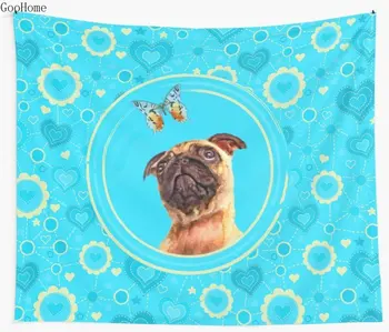 

Cute Pug puppy and Butterfly Wall Tapestry Cover Beach Towel Throw Blanket Picnic Yoga Mat Home Decoration