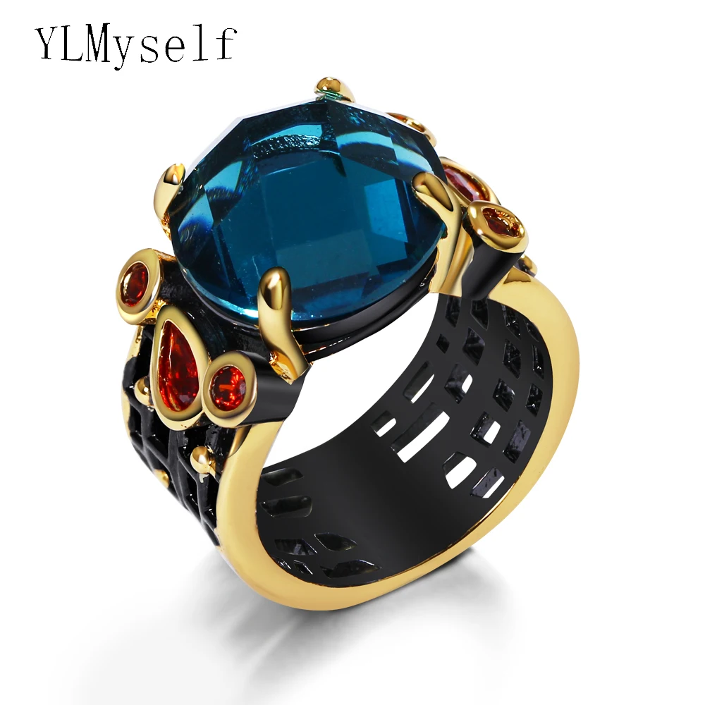 

Fashion big blue stone rings for women black gold Jewelry anel large ring female gift trendy jewellery