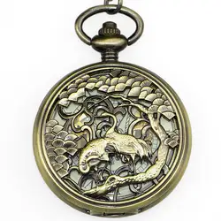Элегантный Изысканный резьба двойной кран женские карманные часы для мужчин унисекс Скелет Механическая рука-подвесной медальон цепочки