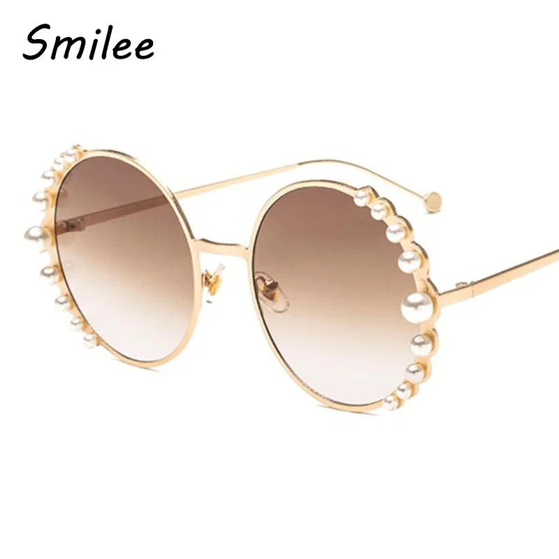 Модные круглые женские солнцезащитные очки с жемчугом, Классические брендовые дизайнерские ретро очки, женские солнцезащитные очки для женщин, золотисто-коричневые линзы Oculos