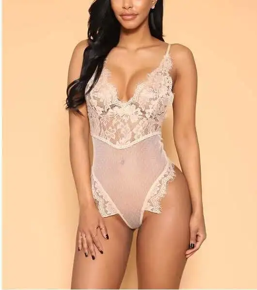 thong bodysuit 2018 Summer Women Spaghetti Strap Skinny Romper Jumpsuit Sexy Transparent Floral Lace Deep V Backless Sheer Mesh Bodysuit Female plus size bodysuit Bodysuits